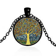 Tree of Life Time Gem Necklace, Glass Pendant Necklace with Alloy Chains for Women, Colorful, 18.11 inch(46cm)(JN1052A)