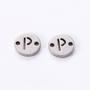 201 Stainless Steel Links, Laser Cut, Flat Round with Letter, Letter.P, 6x6x1mm, Hole: 0.8mm(X-STAS-R112-01P)