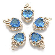 Glass Pendants, with Micro Pave Cubic Zirconia and Brass Open Back Settings, Faceted, Heart with Crown, Light Gold, Deep Sky Blue, 17.5x11.5x5.5mm, Hole: 1.4mm(GLAA-T021-14B)