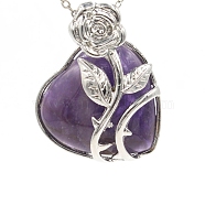 Valentine's Day Theme Natural Amethyst Pendants, with Platinum Plated Brass Findings, Heart with Flower, 40x40mm(PW-WG95847-01)