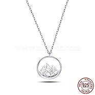 Rhodium Plated 925 Sterling Silver Pendant Necklaces, with Cable Chains, Riund Ring with Mountain, Platinum, 19.68 inch(50cm)(NJEW-BB48083-E)