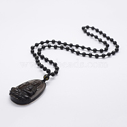 Natural Golden Sheen Obsidian Beaded Pendant Necklaces, with Natural Obsidian Pendants, Buddha, 23.62 inch(60cm)(NJEW-E116-08)