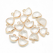 Natural Quartz Crystal Semi Circle Pendants, Rock Crystal, with Brass Findings, Faceted, Half Round, Golden, Clear, 13.5~14.5x13~14x5.5mm, Hole: 2mm(G-Q965-09)