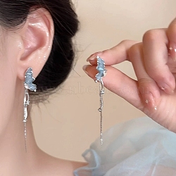 Butterfly Alloy Enamel Stud Earrings, Tassel Earrings with 925 Sterling Silver Pins, Platinum, 50x50mm(WG46953-78)