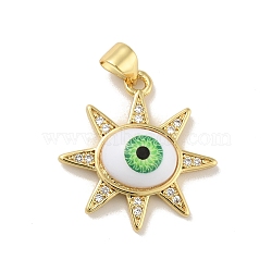 Brass Micro Pave Cubic Zirconia Pendants, with Acrylic, Cadmium Free & Lead Free, Long-Lasting Plated, Real 18K Gold Plated, Sun with Evil Eye, Green, 21x21.5x5mm, Hole: 4x3.5mm(KK-B059-46G-C)