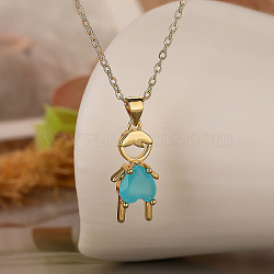 Boy Brass Pave Cubic Zirconia Pendant Necklaces, Golden, Dark Turquoise, 17.72 inch(45cm)(FS-WGEF7B2-01)