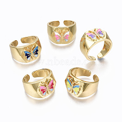 (Jewelry Parties Factory Sale)Brass Enamel Cuff Rings, Open Rings, Cadmium Free & Nickel Free & Lead Free, Hexagon with Butterfly, Golden, Mixed Color, US Size 8, Inner Diameter: 18mm(RJEW-S045-074-NR)