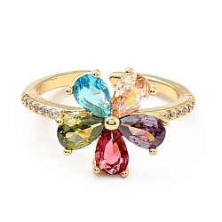 Colorful Cubic Zirconia Flower Open Ring, Brass Jewelry for Women, Cadmium Free & Lead Free, Real 18K Gold Plated, US Size 7 1/4(17.5mm)(KK-D080-12G)