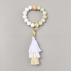 Silicone Round Beaded Keychain Wristlet, with Alloy Keychain Clasps Finding and Tassel, White, 21~22.5cm(KEYC-SZC0005-01A)