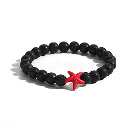 Men's Yoga Jewelry, Natural Lava Rock Round Beads Stretch Bracelets, Starfish, Red(BK0782-8)