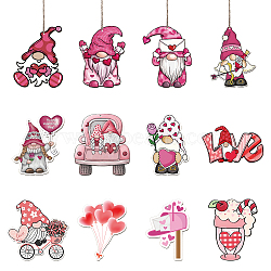 Valentine's Day Theme Wooden Pendant Decorations, Jute Cord Hanging Ornaments, Mixed Shapes, Mixed Shapes, 60~100x60~100mm, Hole: 3mm, 12style, 3pcs/style, 36pcs/set(WOOD-WH0037-010)