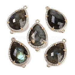 Natural Labradorite Faceted Teardrop Links, Rack Plating Brass Micro Pave Clear Cubic Zirconia Connector Charms, Golden, 26x16.5x6mm, Hole: 1.6mm and 1.4mm(G-B126-03G-04)