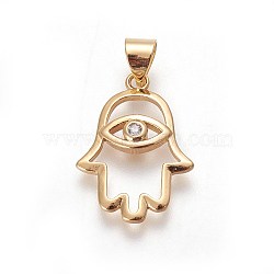 Brass Pendants, with Cubic Zirconia, Hamsa Hand with Eye, Clear, Golden, 20.5x15x2.8mm, Hole: 3.5x4.5mm(ZIRC-O027-16G)