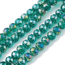 Transparent Electroplate Glass Beads Strands, Faceted, Round, AB Color Plated, Green, 9~10x9~9.5mm, Hole: 1.4mm, about 54~60pcs/strand, 18.90~21.65 inch(48~55cm)(EGLA-F154-AB03)
