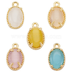 5Pcs 5 Colors Oval Brass Charms, with Cat Eye, Real 18K Gold Plated, Mixed Color, 10x6.5x4mm, Hole: 0.9mm, 1pc/color(KK-TADJ0001-14)