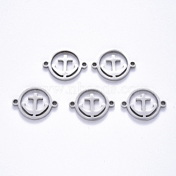 Tarnish Resistant 201 Stainless Steel Links Connectors, Laser Cut, Flat Round with Anchor, Stainless Steel Color, 14x18.5x1.5mm, Hole: 1.6mm(STAS-S114-28)