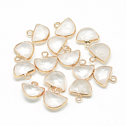 Natural Quartz Crystal Semi Circle Pendants, Rock Crystal, with Brass Findings, Faceted, Half Round, Golden, Clear, 13.5~14.5x13~14x5.5mm, Hole: 2mm(G-Q965-09)