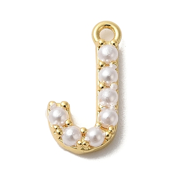 Plastic Imitation Pearl Pendants, with Brass Findings, Golden, Letter J, 14x7x3mm, Hole: 1.3~1.4mm