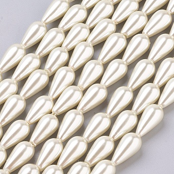 Glass Pearl Beads, Painted, Teardrop, Floral White, 16x8mm, Hole: 1mm, about 24pcs/strand