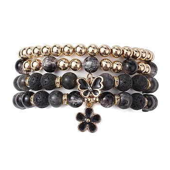 4Pcs 4 Style Natural Larvikite & Lava Rock Round Beaded Stretch Bracelets Set, Glass & Alloy Stackable Bracelets with Butterfly & Flower Charms, Inner Diameter: 2 inch(5~5.2cm), 1Pc/style