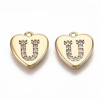 Brass Micro Pave Clear Cubic Zirconia Charms, Nickel Free, Real 18K Gold Plated, Flat Heart, Letter.U, 10x10x1mm, Hole: 1mm