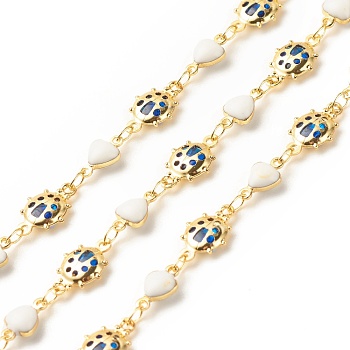 Enamel Heart and Glass Beetle Link Chain, with Brass Findings, Long-Lasting Plated, Soldered, with Spool, Blue, 13x8x2.5mm, 9.5x5.5x3.5mm