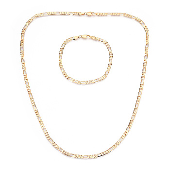 Brass Figaro Chain Necklaces and Bracelets Sets, Real 18K Gold Plated, 8.46x0.16x0.04 inch(215x4x1mm), Oval: 9.5x4x1mm, Links: 6x4x1mm