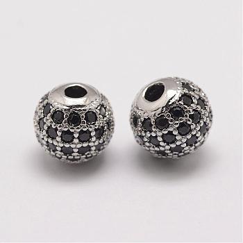 Brass Micro Pave Cubic Zirconia Beads, Round, Platinum, 8.5x8mm, Hole: 2mm