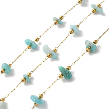 304 Stainless Steel Link Chains, Soldered, with Natural Flower Amazonite, with Spool, Ion Plating(IP), Real 18K Gold Plated, 3~5.5x3~11.5x1~3.5mm, about 32.81 Feet(10m)/Roll