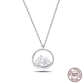 Rhodium Plated 925 Sterling Silver Pendant Necklaces, with Cable Chains, Riund Ring with Mountain, Platinum, 19.68 inch(50cm)
