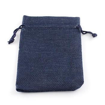 Polyester Imitation Burlap Packing Pouches Drawstring Bags, for Christmas, Wedding Party and DIY Craft Packing, Midnight Blue, 14x10cm