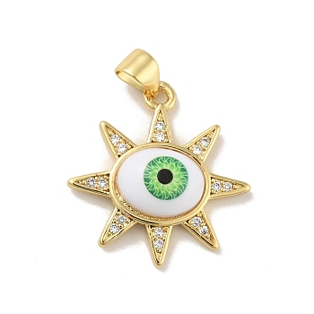 Brass Micro Pave Cubic Zirconia Pendants, with Acrylic, Cadmium Free & Lead Free, Long-Lasting Plated, Real 18K Gold Plated, Sun with Evil Eye, Green, 21x21.5x5mm, Hole: 4x3.5mm
