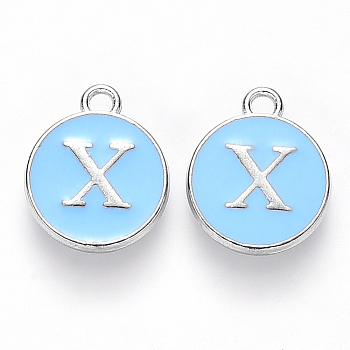 Platinum Plated Alloy Enamel Charms, Cadmium Free & Lead Free, Enamelled Sequins, Flat Round with Letter, Sky Blue, Letter.X, 14x12x2mm, Hole: 1.5mm