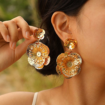 Flower Brass Stud Earrings, Dangle Earring for Women, Golden, 69x40mm