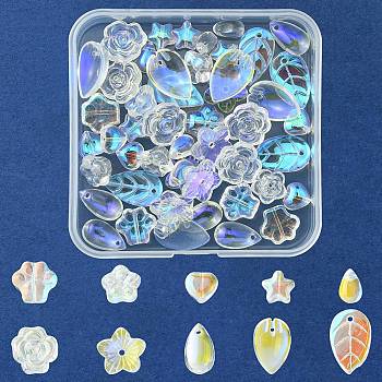 DIY Jewelry Making Finding Kit, Including 50Pcs 10 Style Transparent Glass Charms & Beads, Teardrop & Heart & Leaf & Flower, Clear AB, 7.5~18x6~13x3~7mm, Hole: 0.8~1.2mm, 5Pcs/style