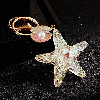 Diamond-Studded Starfish Shell Car Zinc Alloy Keychain Acrylic Cute Men and Women Bag Pendant Metal Keychain Ring Gift, Clear, 17x8cm