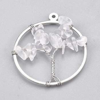 Brass Wire Wrapped Pendants, with Natural Quartz Crystal Chip Beads, Ring with Tree, Platinum, 35x30x5~10mm, Hole: 1mm