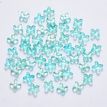 Transparent Spray Painted Glass Beads, with Glitter Powder, Clover, Pale Turquoise, 8x8x3mm, Hole: 0.9mm