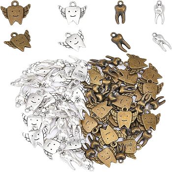 CHGCRAFT 80Pcs 4 Style Alloy Pendants, Tooth, Antique Bronze & Antique Silver, 15~20x7~20x2~5mm, Hole: 1.6~2mm, 20pcs/style