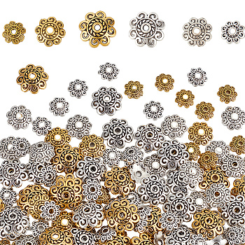 240Pcs Tibetan Style Alloy Flower Bead Caps, Mixed Color, 8~12x2~4mm, Hole: 1~1.6mm
