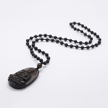 Natural Golden Sheen Obsidian Beaded Pendant Necklaces, with Natural Obsidian Pendants, Buddha, 23.62 inch(60cm)
