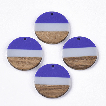 Tri-color Resin & Walnut Wood Pendants, Flat Round, Slate Blue, 28x3.5mm, Hole: 2mm