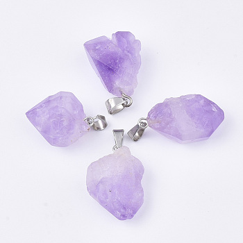 Natural Amethyst Pendants, Rough Raw Stone, with Stainless Steel Snap On Bails, Stainless Steel Color, 20~25x13~17x10~15mm, Hole: 3x5.5mm