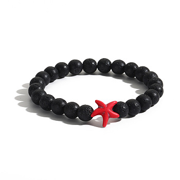 Men's Yoga Jewelry, Natural Lava Rock Round Beads Stretch Bracelets, Starfish, Red