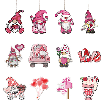Valentine's Day Theme Wooden Pendant Decorations, Jute Cord Hanging Ornaments, Mixed Shapes, Mixed Shapes, 60~100x60~100mm, Hole: 3mm, 12style, 3pcs/style, 36pcs/set