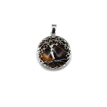 Natural Tiger Eye Pendants, Tree of Life Charms with Platinum Plated Alloy Findings, 31x27mm