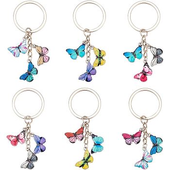 2 Sets Printed Alloy Enamel Keychains, with Iron Split Key Rings and 304 Stainless Steel Jump Rings, Butterfly, with 1Pc Rectangle Velvet Pouches, Mixed Color, 7.5cm, 6pcs/set, 2 sets