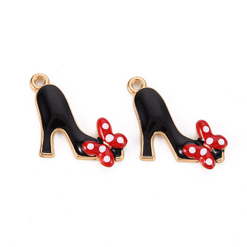 Alloy Enamel Pendants, Cadmium Free & Lead Free, Light Gold, High-Heeled Shoes with Butterfly, Black, 20x20.5x2.5mm, Hole: 1.5mm