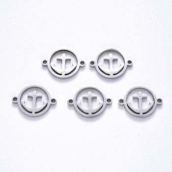201 Stainless Steel Links Connectors, Laser Cut, Flat Round with Anchor, Stainless Steel Color, 14x18.5x1.5mm, Hole: 1.6mm