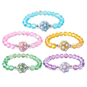 Frosted Round Synthetic Moonstone Beaded Bracelets, with Polymer Clay Rhinestone Beads, for Women, Mixed Color, 3/8~3/4 inch inch(0.85~1.75cm) wide, Inner Diameter: 2 inch(5.2cm)